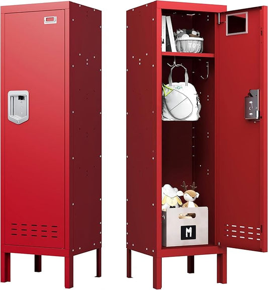 Metal Storage Locker with Lock & Card Slot Locker - Secure Lockable Door - Steel Locker for School, Office, Gym, Home - 54" H x 15" W x 15" D（1 Door, Red）