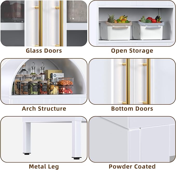Metal Arched Pantry Cabinet,White Arched Kitchen Pantry Cabinet with 4 Doors for Kitchen Home, Assemble Required,White,72.83"×30.71" W×15.35" D