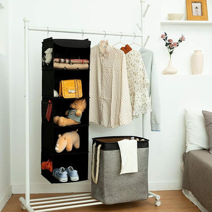 2 Pack Hanging Closet Organizer, 5 Shelves Hanging Storage with 6 Side Pockets for Clothes Shoes, 43"x12"x12"(Black)