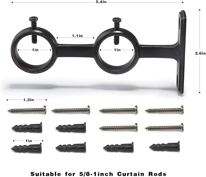 Goowin Curtain Rod Bracket, 3pcs Adjustable Curtain Rod Holder, Double Curtain Brackets Wall Mount Curtain Rod Hooks for Living Room Bathroom Bedroom Curtain rods, Drapery Rods (Black)