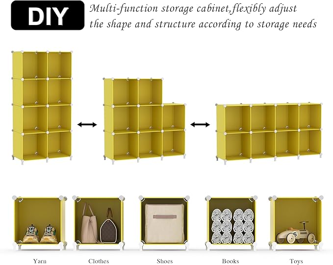 AWTATOS Cube Storage Organizer, 8 Cube Closet Organizers and Storage, DIY Stackable Bookshelf Plastic Clothes Organizer Shelving for Bedroom, Home, Yellow