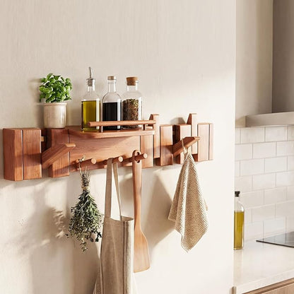 Mid Century Modern Walnut Foldable Entryway Wall Coat Hanger Hook with Shelf,Heavy Duty Wooden Piano Hidden Towel Hooks for Bathroom,Wall Rack for Purse&Key&Mail,Home Decor (Walnut, 7 Hooks)