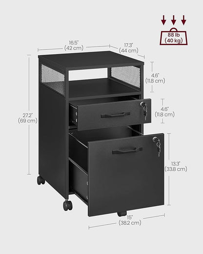VASAGLE File Cabinet, Mobile Filing Cabinet with Wheels, 2 Lockable Drawers, Open Shelf, for A4, Letter Size, Hanging File Folders, Ink Black UOFC077B16