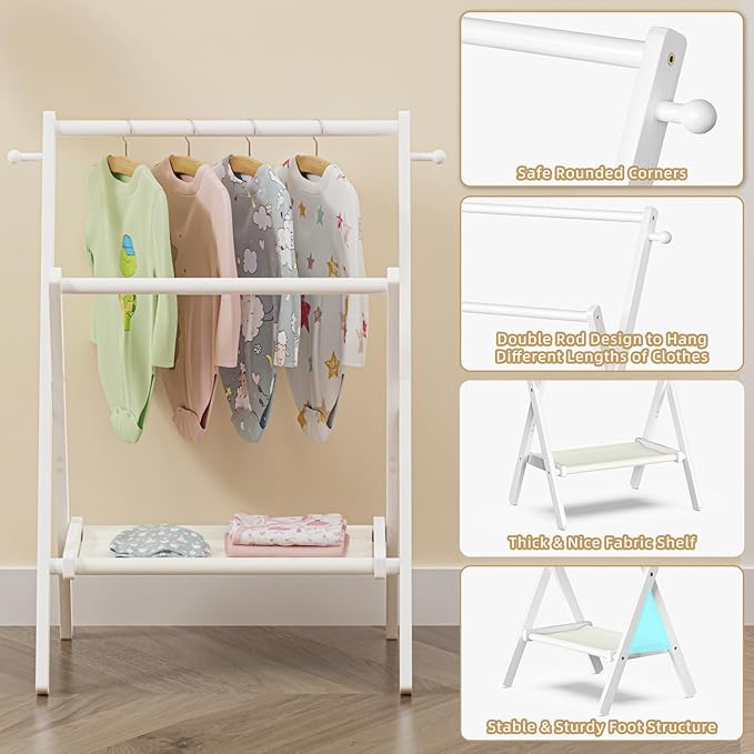 Baby Clothing Rack for Baby Shower Pets Dolls, Baby Clothes Rack with Storage Shelf & Double Rods, Toddler Clothes Rack, Mini Closet Baby Shower Rack (White)