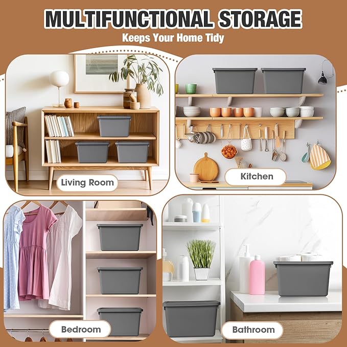 6 Pcs Pack Cute Plastic Storage Bins with Lids Decorative Stackable Storage Boxes 9.8" ×7.3" ×5.7" Small Storing Totes for Organizing Craft Office Supplies (Grey)