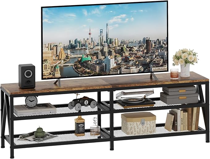 TV Stand for TVs up to 70 Inch, 63" Long Industrial TV Console Table with 3-Tier Storage Shelves, Entertainment Center for Living Room, Bedroom (Brown)