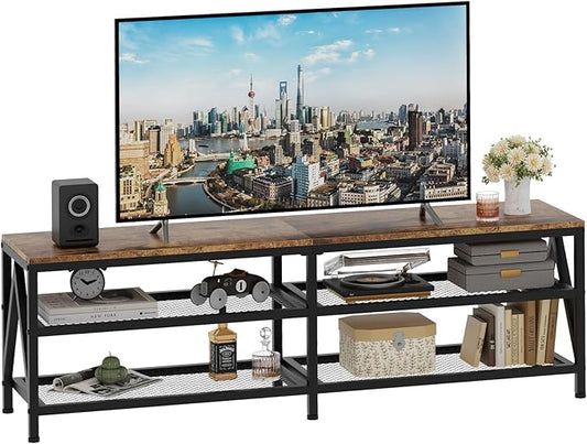 TV Stand for TVs up to 70 Inch, 63" Long Industrial TV Console Table with 3-Tier Storage Shelves, Entertainment Center for Living Room, Bedroom (Brown)