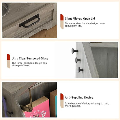 Flip Top Dog Food Storage Container, Wood Pet Storage Cabinet with 2 Pull-Out Elevated Dog Bowls, Modern Dog Food Storage Container with 3 Hooks, Pet Toy Storage Organizer, Grey