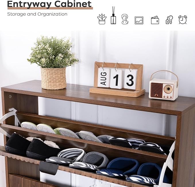 Shoe Cabinet Storage, Farmhouse Freestanding Organizer with 2 Flip Drawers and 4 Wooden feet, Narrow Shoe Rack Cabinet for Entryway, Foyer, Hallway, Walnut