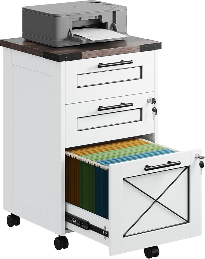 DEVAISE 3-Drawer File Cabinet with Hanging Files, Mobile Rolling Storage Cabinet for Home Office, Printer Stand, Farmhouse Style, White