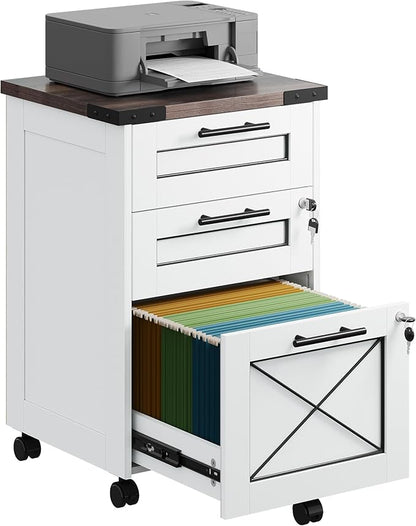 DEVAISE 3-Drawer File Cabinet with Hanging Files, Mobile Rolling Storage Cabinet for Home Office, Printer Stand, Farmhouse Style, White