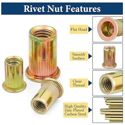 SAE Rivet Nut Assortment Kit(240Pcs),#6-32#8-32#10-24 1/4"-20 5/16"-18 3/8"-16 UNC Rivnut Threaded Insert Nut Set,Zinc Plated Finish Carbon Steel Nutsert