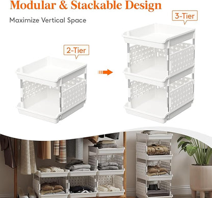 Lifewit Plastic Stackable Storage Baskets, 3 Tier Stacking Bins for Food and Clothes, Multifunctional Organizer for RV, Kitchen, Playroom, Pantry, White, 35 x 30 x 50 cm/14 x 12 x 20 inch, 1 Pack