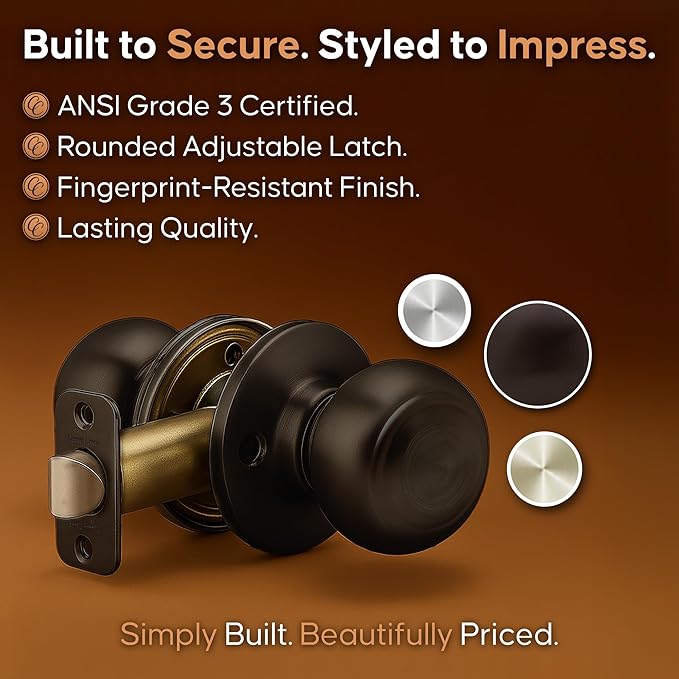 Copper Creek Colonial Passage Interior Door Knob – ANSI Grade-3 Certified, Modern Heavy Duty Handle, Easy Install and Reversible for Bedroom, Bathroom and Closets – Tuscan Bronze (1 Pack)