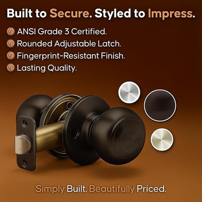 Copper Creek Colonial Passage Interior Door Knob – ANSI Grade-3 Certified, Modern Heavy Duty Handle, Easy Install and Reversible for Bedroom, Bathroom and Closets – Tuscan Bronze (1 Pack)