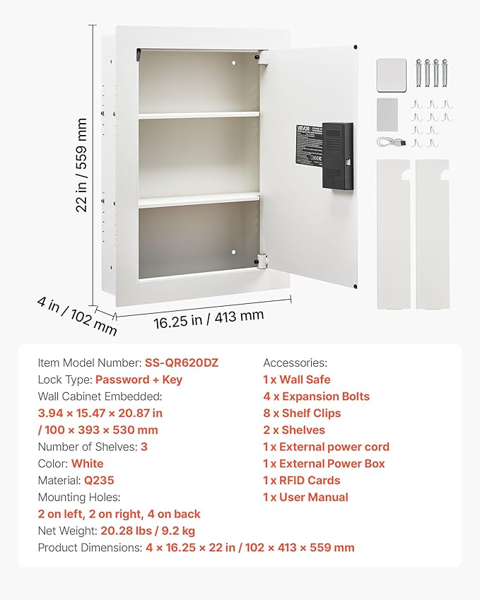 VEVOR 22" High Wall Safe, 3-Tier Hidden Wall Safe with Password, Key & Turning Knob, Q235 Cold-Rolled Steel In-Wall Box with Adjustable Shelves & Mounting Holes for Money, Jewelry, Passport, White