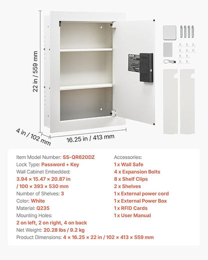 VEVOR 22" High Wall Safe, 3-Tier Hidden Wall Safe with Password, Key & Turning Knob, Q235 Cold-Rolled Steel In-Wall Box with Adjustable Shelves & Mounting Holes for Money, Jewelry, Passport, White