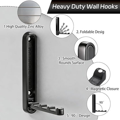 2 Pcs Extended Folding Coat Hooks Wall Mounted, 4.33 in Black Foldable Wall Hooks Heavy Duty Valet RV Hooks Bathroom Towel Hooks Robe Hooks for Hanging Towels Clothes Coat Hat Bags