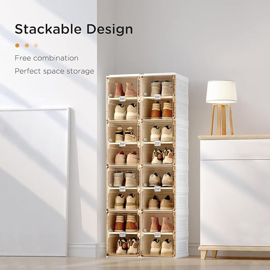 ANTBOX Shoe Organizer Storage Box, Portable Folding Shoe Rack for Closet with Magnetic Clear Door,Large Sneaker Cabinet Bins Sturdy Easy Assembly 8 Layers-8 Grids