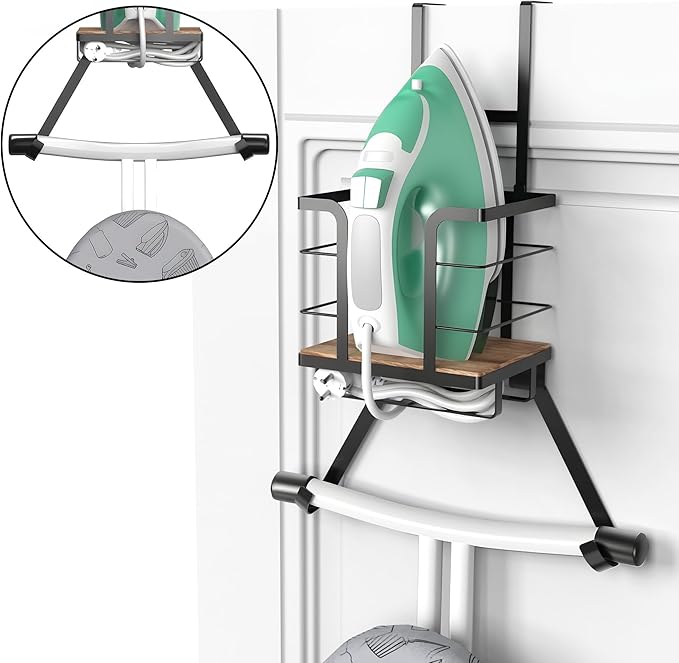Ironing Board Hanger Wall Mount, Over the Door Iron Board Holder, Wooden & Metal Laundry Room Organizer, Anti-Slip Fence Design, Fits T/Y-Leg, Black