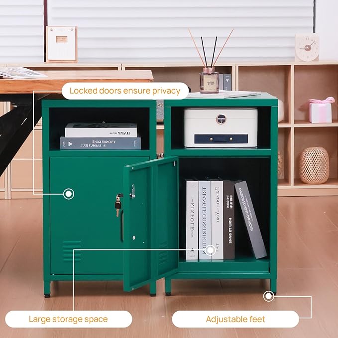 ALBAD Compact Metal Nightstand with Lockable Cabinet and Open Shelf, Modern Bedside Table, Versatile Side Table for Bedroom, Living Room, or Office (Green, 26" H-Lockable Door)