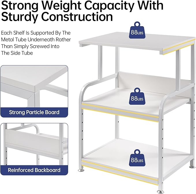 White Printer Stand with Storage, 3 Tier Printer Table with Height Adjustable Shelf, Rolling Printer Cart with Wheels for Home Office Organization