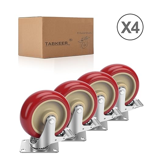 5 Inch Industrial Heavy Duty Swivel Caster Wheels with Brake,Set of 4 Safety Locking Casters,Load 2400lbs,Premium Polyurethane Wheels for Table,Trailer,Saw Table,Stage Toolbox,Bed,Corn Board