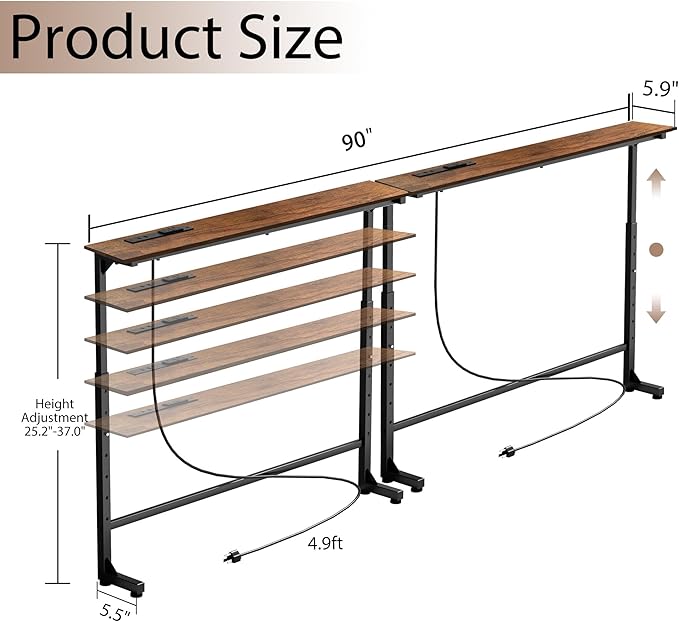 90 inch Narrow Console Table with Outlet,Adjustable Height(25"-37") Behind Sofa Table,Couch Behind Table Skinny,Couch Shelf with Charging Station,Long Entryway Tables for Living Room, Brown