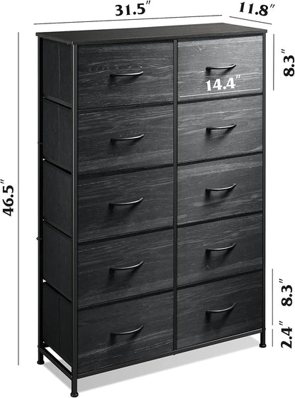 WLIVE Black Tall Dresser for Bedroom with 10 Drawers, Chest of Drawers, Dressers Bedroom Furniture, Storage Organizer Unit with Fabric Bins for Closet, Hallway, Living Room