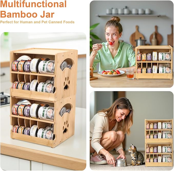 Upgraded Bamboo Cat Food Can Organizer - FIFO Pantry Storage Rack, Holds 42 (3oz) Cans, Stackable Pet Food Can Organizer for Kitchen Pantry (1)
