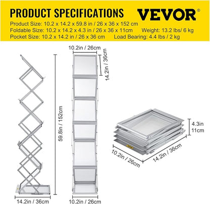 VEVOR Literature Rack, 6 Pockets, Pop up Aluminum Magazine Rack, Lightweight Catalog Holder Stand w/Carrying Bag for Living Room, Hotel, Trade Show, Exhibition, Office