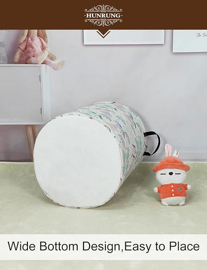 HUNRUNG Laundry Hamper,Large Canvas Fabric Lightweight Storage Basket Toy Organizer Dirty Clothes Collapsible Waterproof for College Dorms（Round-Star Unicorn）