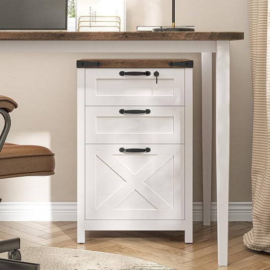 3 Drawer Small File Cabinet with Lock, Farmhouse Vertical Filing Cabinet Fits Letter and A4 Size, Under Desk Wooden File Cabinets for Home Office, Printer Stand, Rustic White