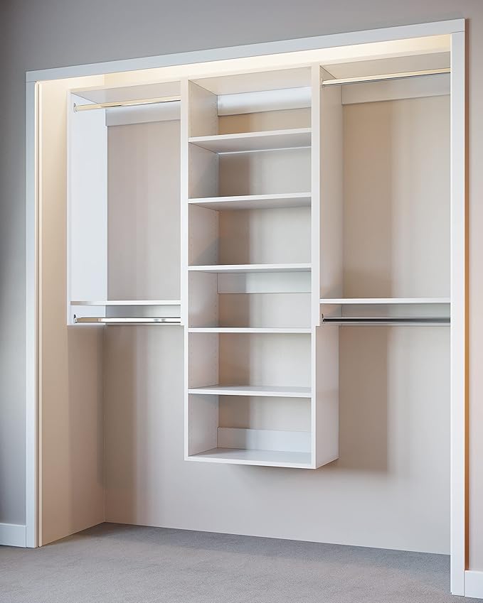 Modular Closets Vista Collection Closet Organizer System - 3 Piece Wall Mounted Kit with Hanging Rods & Shelves, White, Fits Closets 90” or wider