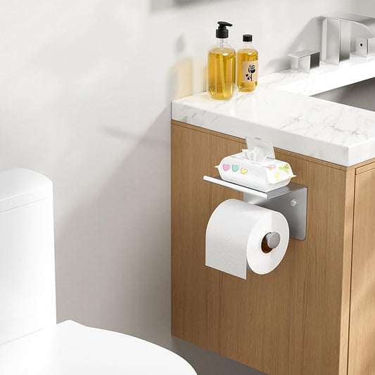 FORIOUS Toilet Paper Holder with Shelf, Adhesive or Screw Wall Mount Toilet Roll Holder for Bathroom, Rustproof 304 Stainless Steel Commercial Toilet Tissue Holder with Storage, Brushed Nickel
