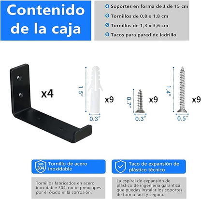 HEART ART Black Shelf Bracket 6 inch, J Metal Heavy Duty Shelf Support Brackets 4 Pack,6.3" L×4.8" H×1.2" W