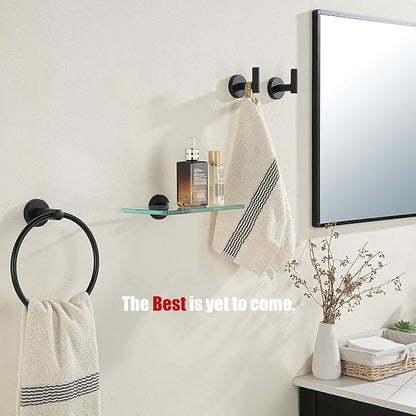 JQK Bathroom Glass Shelf Black, Tempered Glass Shower Storage 8 by 5 inches, 304 Stainless Steel Matte Black Wall Mount 2 Pack, TGS101L8-PB-P2