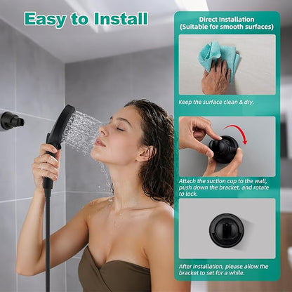 Hibbent Vacuum Suction Cup Shower Head Holder, Removable Showerhead Bracket, Height Adjustable Shower Wand Holder & Wall Mount ABS Plastic Suction Holder for Handheld Shower Head, Matte Black