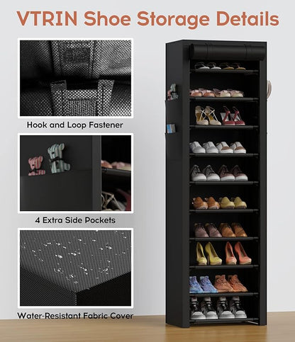 VTRIN Vertical Narrow Shoe Rack Organizer 10 Tier Tall Shoe Shelf Holds 20-22 Pairs with Non-Woven Dustproof Cover for Closet, Entryway Black