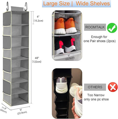 2 Pack Large-Sized Hanging Shoe Organizer 8-Shelf, Hanging Closet Organizer with 8 Side Pockets, Wider Hanging Shelves for Storage Shoes Clothes 9" W × 11.8" D× 48" H, Grey.
