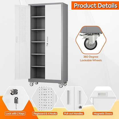 Aobabo 71" H x 32" W x 16" D Garage Storage Cabinet with Wheels, Metal Storage Cabinet with 5 Adjustable Shelves and 4 Hooks for Home Office, Assembly Required, Grey White