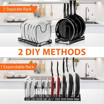 AHNR Expandable Pot and Pan Organizers Rack, 10+ Pans and Pots Lid Organizer Rack Holder, Kitchen Cabinet Pantry Bakeware Organizer Rack Holder with 10 Adjustable Compartments (Black)