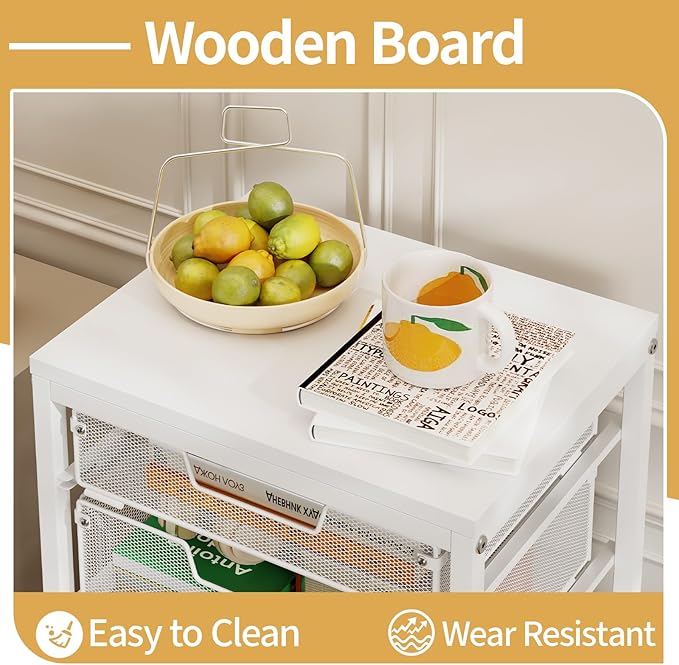 6 Drawers Utility Cart, Rolling Storage Cart with Wooden Tabletop, Storage Drawer Cart on Lockable Wheels, Craft Cart for Bedroom, Classroom, Office, White