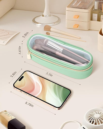 Clear Travel Makeup Brush Holder, Leather Makeup Brush Toiletry Bag, Portable Cosmetic Brush Case, Transparent Waterproof Makeup Brush Storage Bag, Mint Green