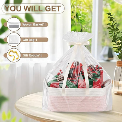 OIAHOMY Woven Basket, Gift Basket Empty with Gift Bags and Ribbons, Rope Baskets for Baby Showers, Storage Baskets with Handles for Nursery, Pet Toy Organizer - Pink & White