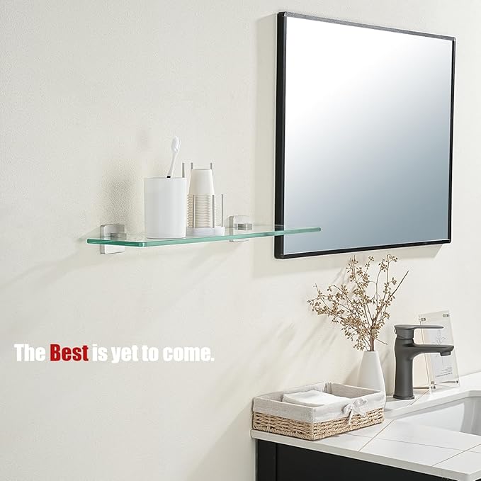 JQK Bathroom Glass Shelf, Floating Tempered Glass Shower Storage 20 by 5 inches, 304 Stainless Steel Brushed Finish Wall Mount 2 Pack 2 Pack, TGS201L20-BN-P2