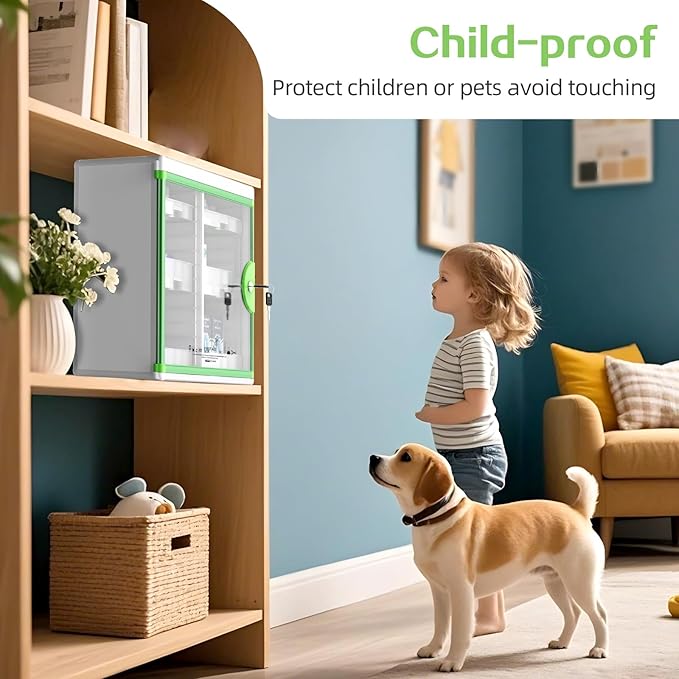 Glosen Medicine Cabinet with Key Wall Mounted Medication Lock Box 【 Green 15x 6.7 x 13 Inch】 Portable Storage Container Big Capacity
