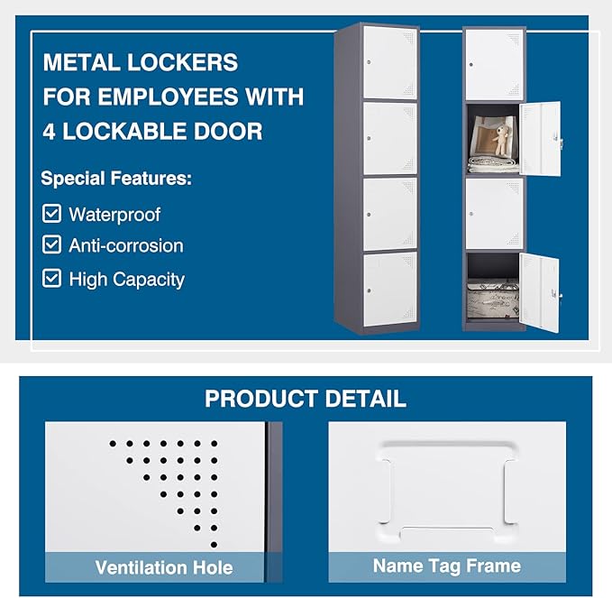 Metal Locker Cabinet with 4 Doors, 71" Storage for Employees, 4 Tier Steel Locker with Lock and Keys for School, Gym, Home, Office Staff (Grey White)