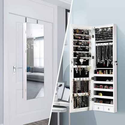 Giantex Wall Door Mounted Jewelry Armoire Cabinet with 47.5" Full Length Mirror, 2 LEDs Lockable Jewelry Organizers and Storage with 2 Drawers, Over the Door Jewelry Organizer Cabinet (White)