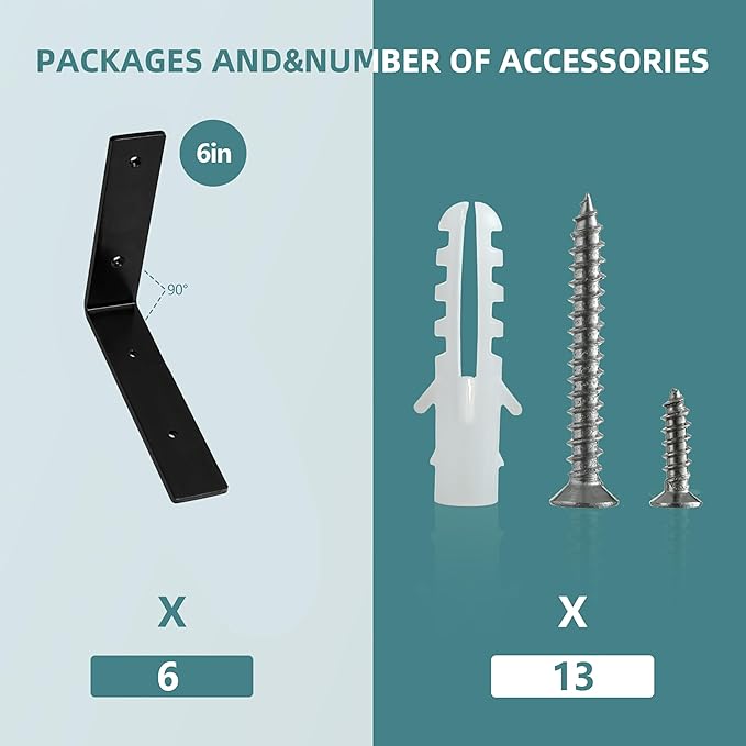 HEART ART 6 Pack Shelf Brackets 6 inch,L Brackets for Shelves,Black Heavy Duty Metal Shelf Brackets,6”x4”x1.4”